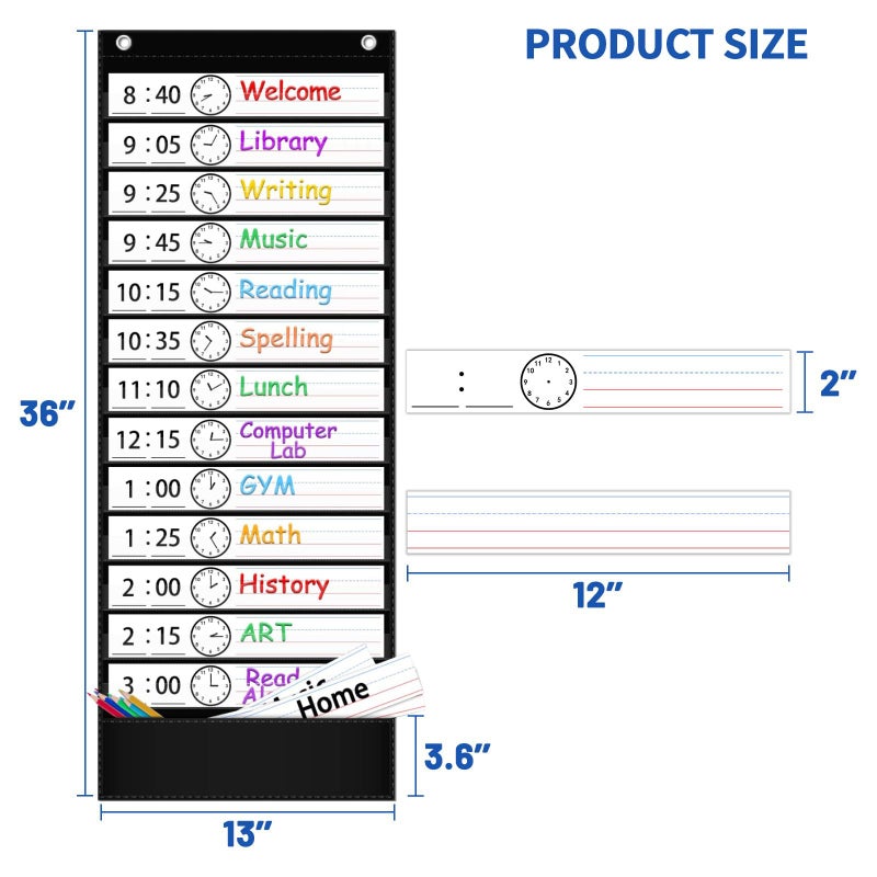 ZKOO Daily Schedule Pocket Chart, School Smart Pocket Chart with 18 Blank Double-Sided Reusable Cards, Teaching Scheduling Pocket Charts for Classroom 13+1 Pocket (Black) - Image 2